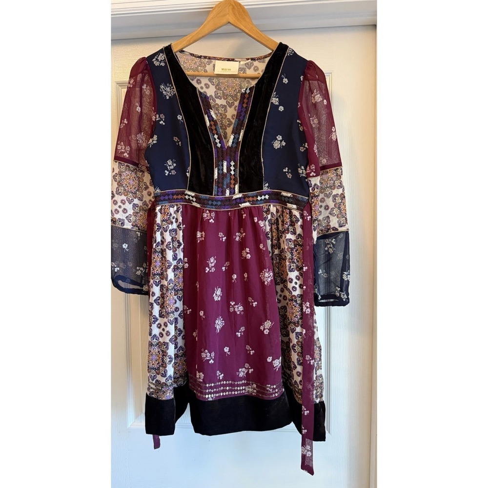 Maeve Dress Women Small Multicolor Floral Patchwork Velvet Trim Embroidered Boho